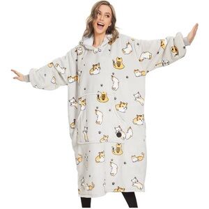 New Wearable Cat Novelty Print Blanket Hoodie Oversized Sherpa for Adults